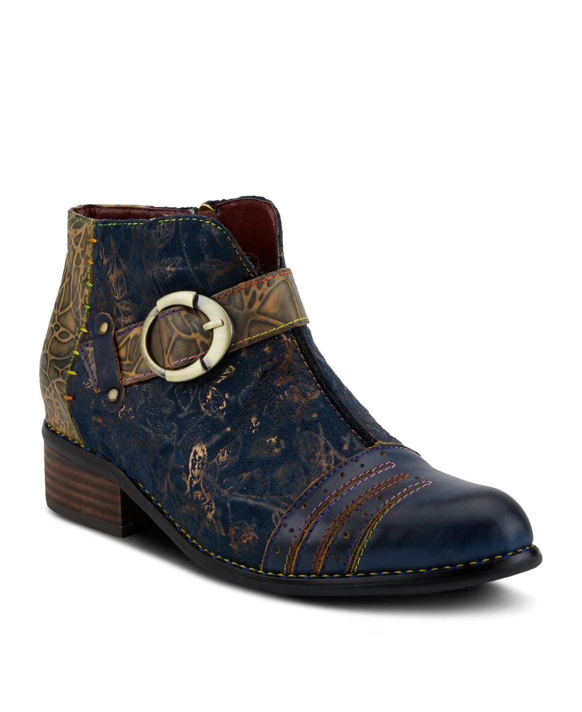 Georgiana Hand-Painted Leather Booties with Decorative Buckle, Rainbow Stitching, and Full-Zip Closure - French-Inspired Comf