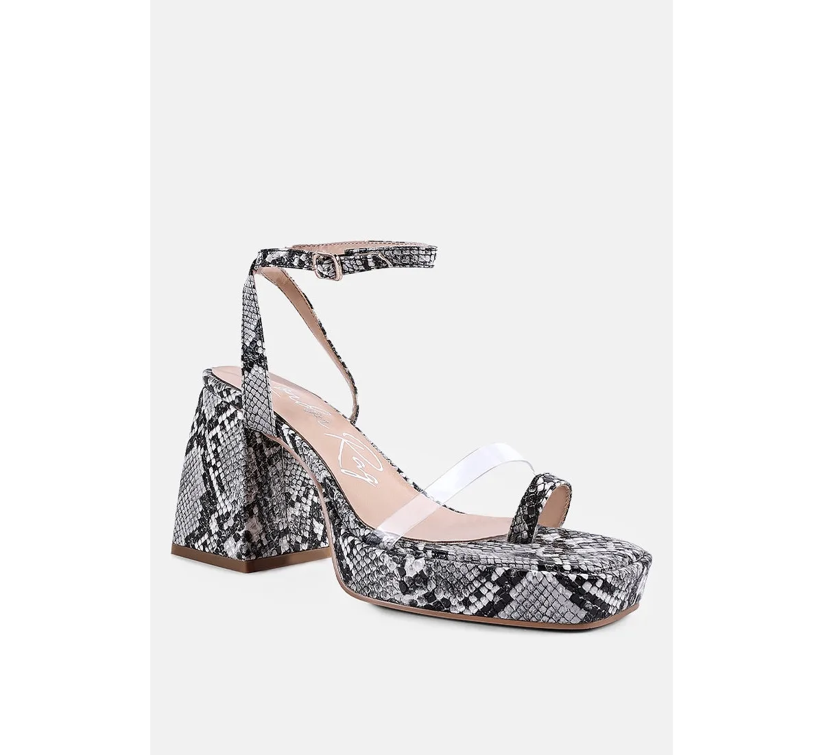 Such Flirt Snake Print Triangular Block Heel Sandals by London Rag