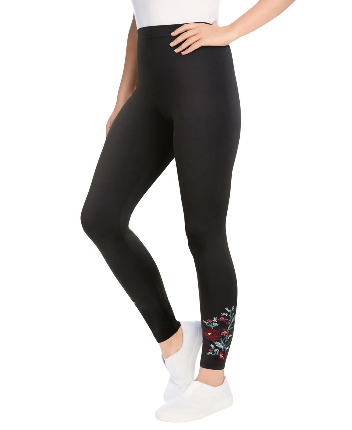 Stretch-Cotton Knit Pull-On Embroidered Leggings