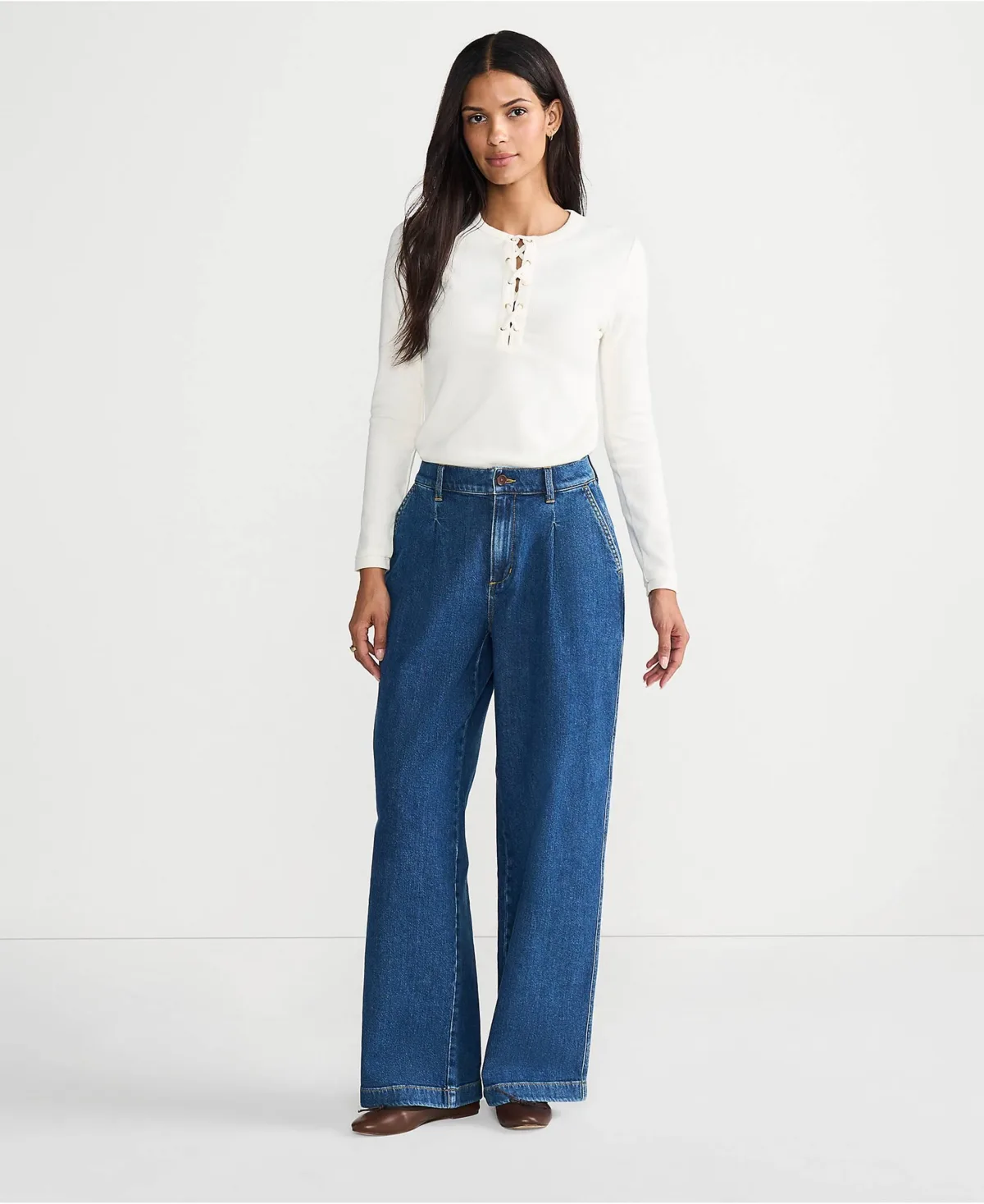 High Rise Soft Denim Pleated Wide Leg Trousers by Lands' End