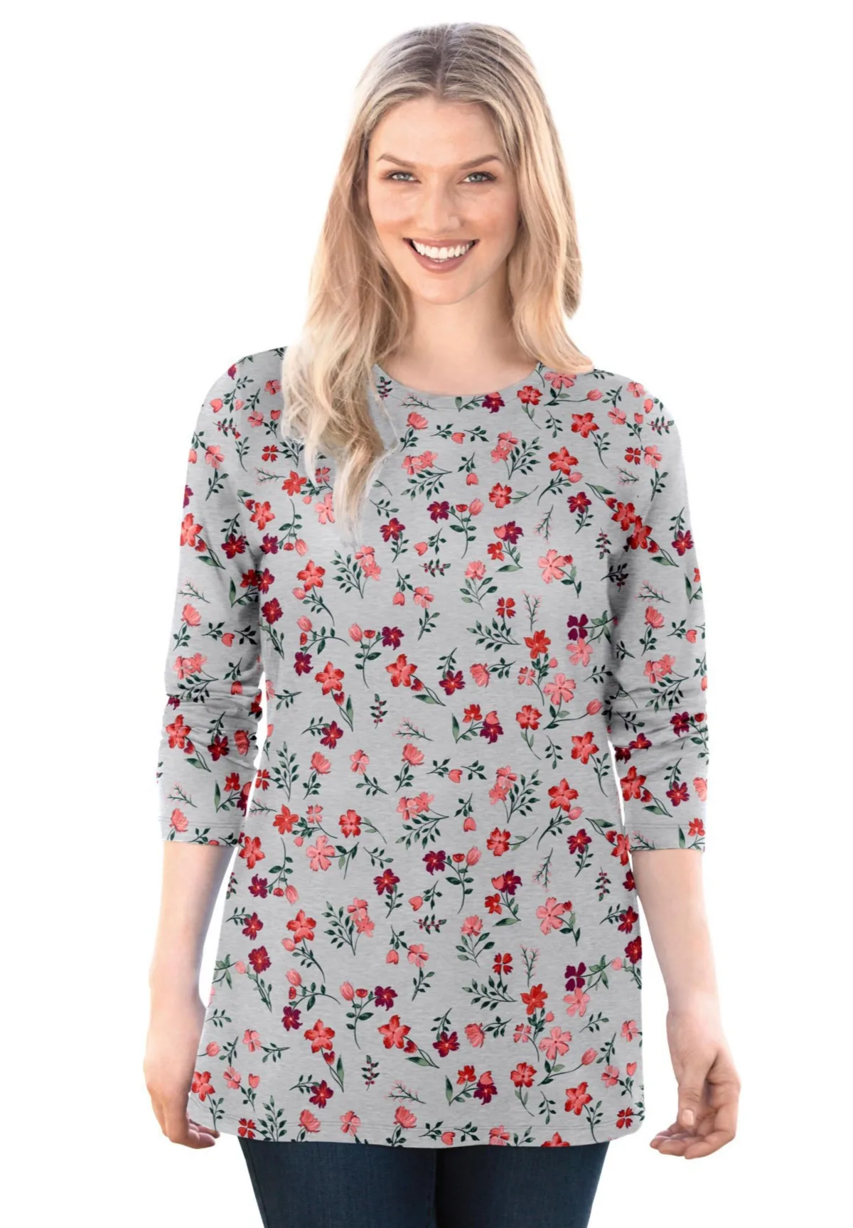 Within Perfect Printed Long-Sleeve Crewneck Tee by Woman Within