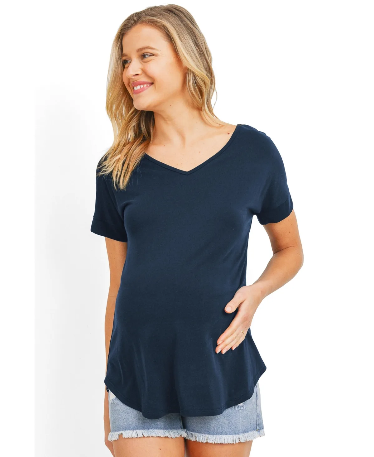 Short Sleeve V Neck Top with Back Strap Detail by Hello Miz