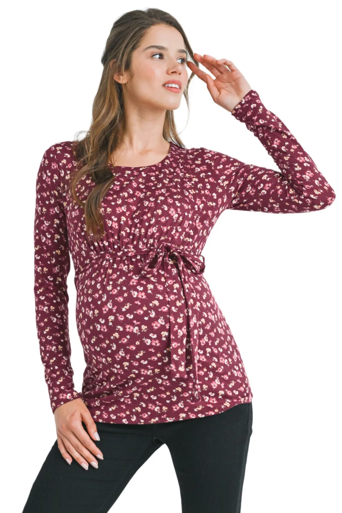 Long Sleeve Floral Tie Waist Top by Hello Miz