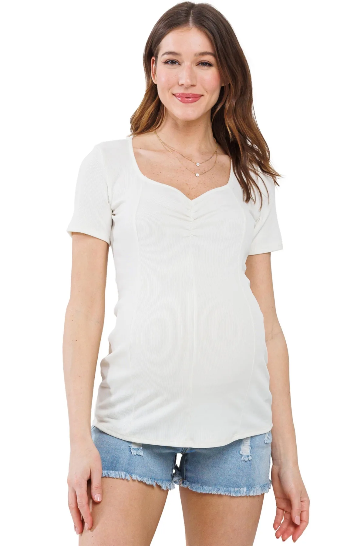 Ribbed Short Sleeve Sweetheart Neck Top by Hello Miz
