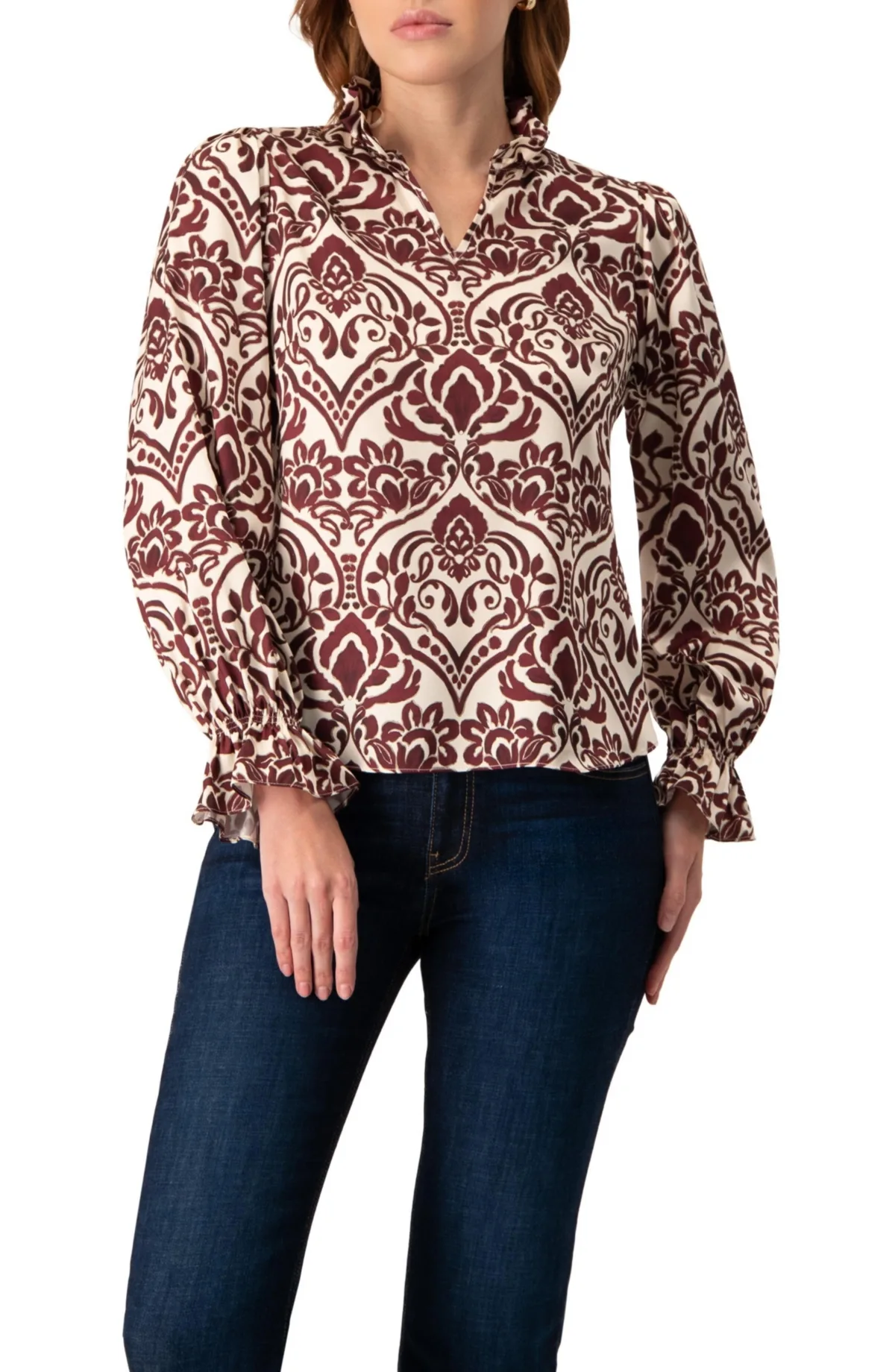 Ruffled V-Neck Abstract Blouse Top by Ivonne