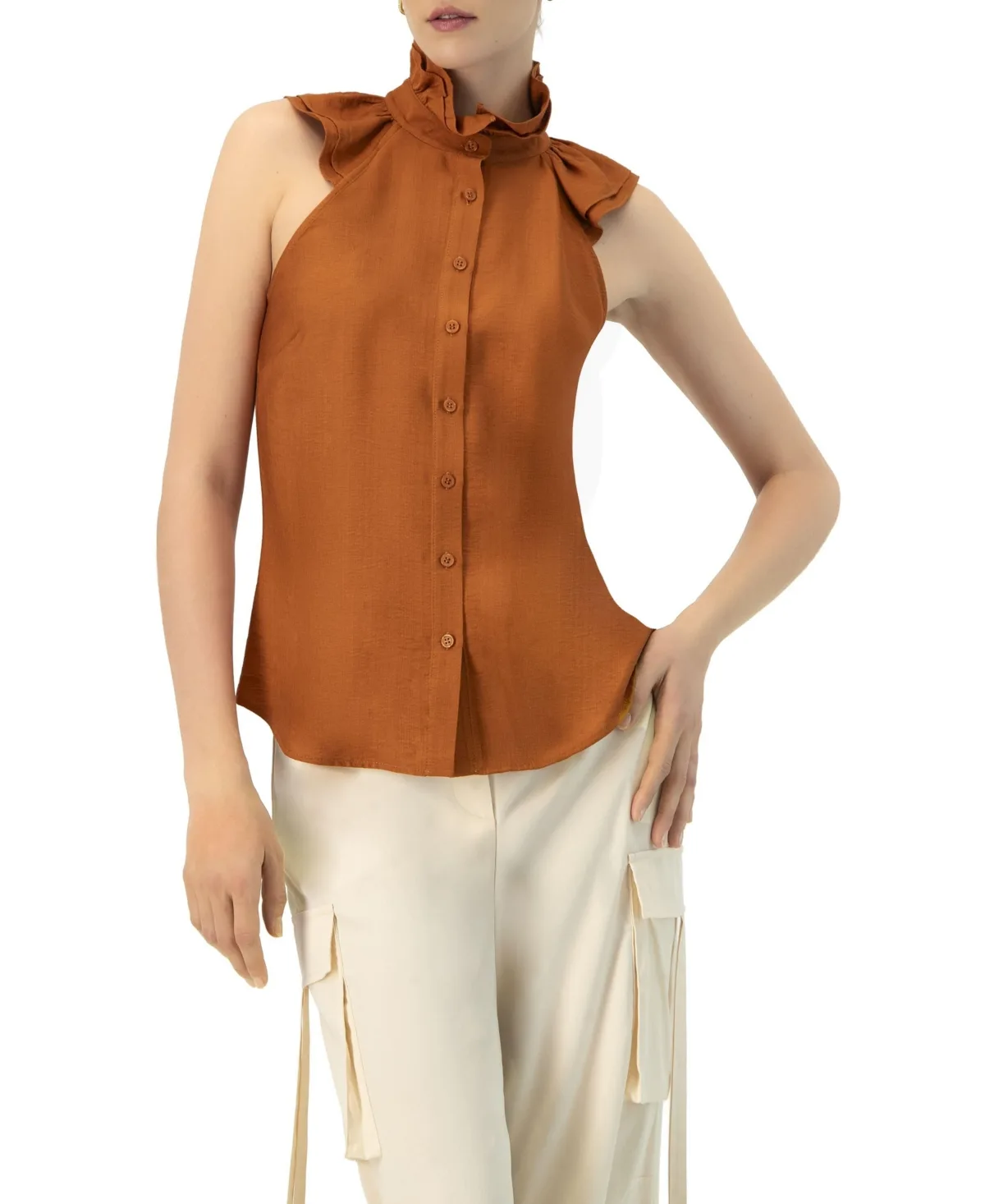 Sleeveless High Neck Blouse with Front Buttons by Ivonne