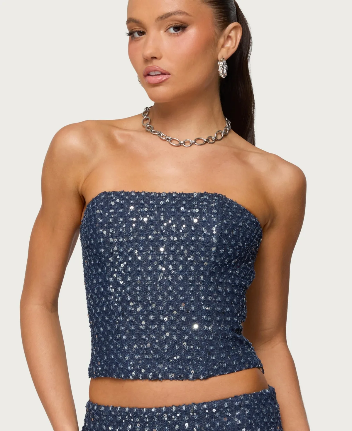 Sora Sequin Distressed Denim Corset by Edikted
