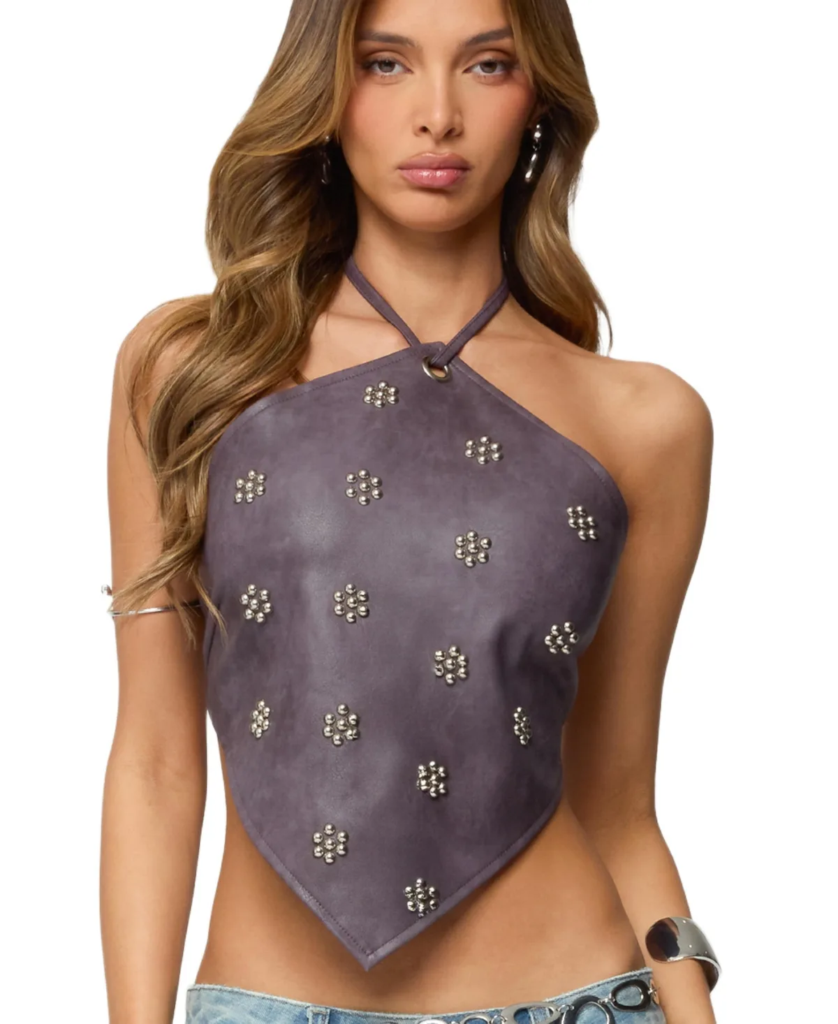 Shila Studded Faux Leather Backless Top