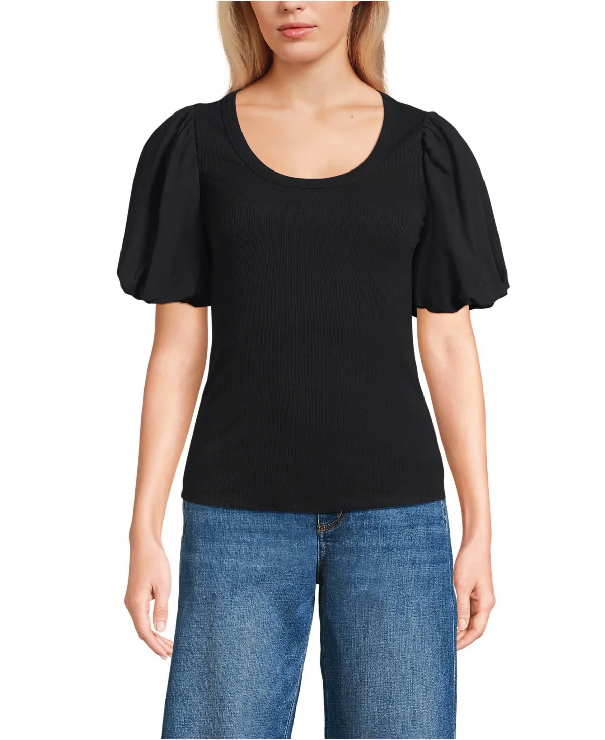 Drapey Rib Puff Sleeve Scoop Neck Top