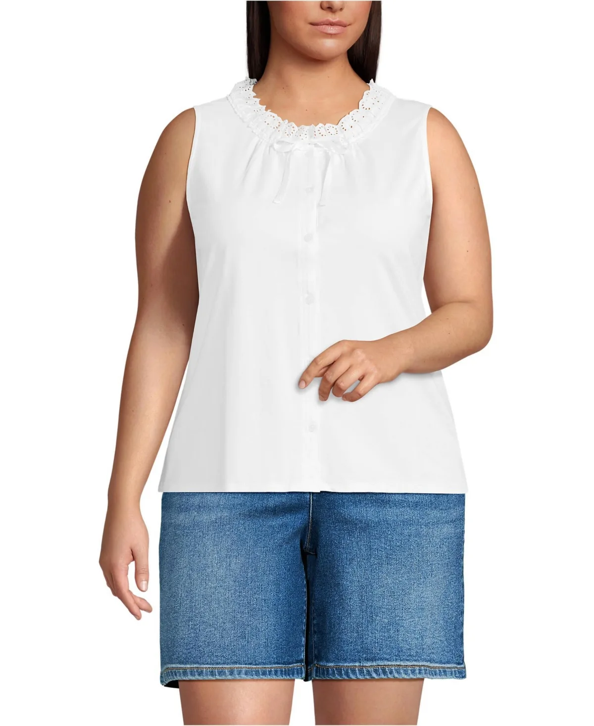 Lightweight Jersey Button Front Lace Trim Tank by Lands' End
