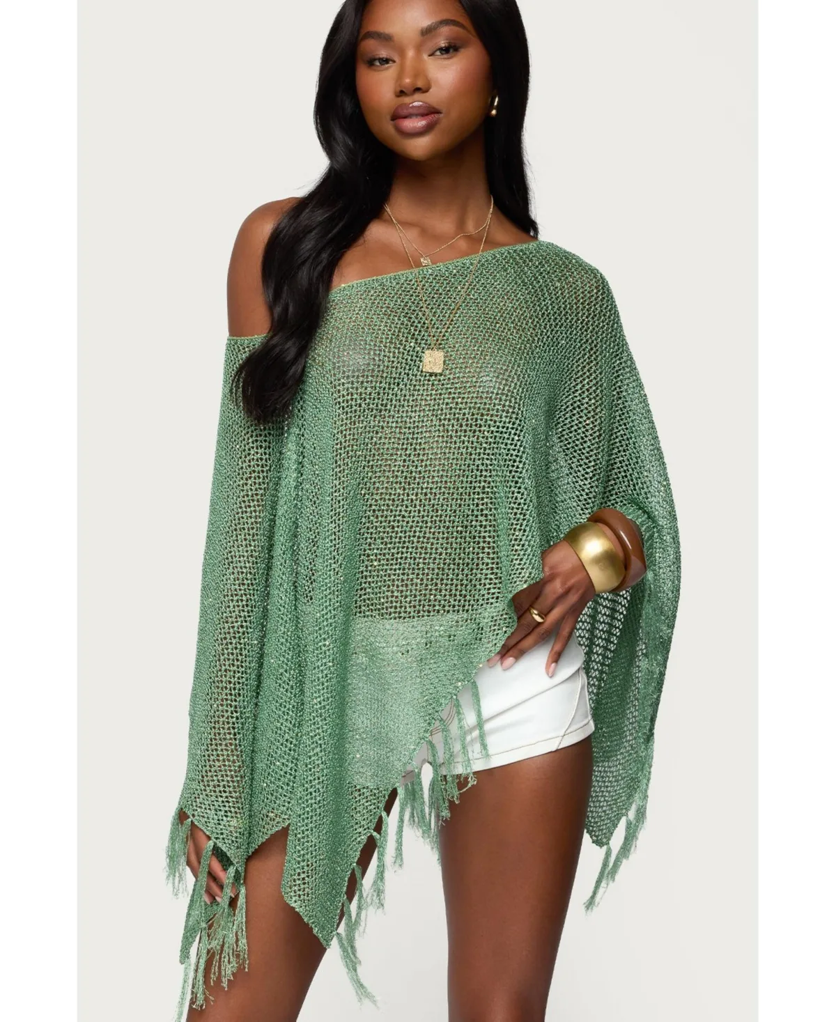 Sequin Fringe Knit Poncho by Edikted