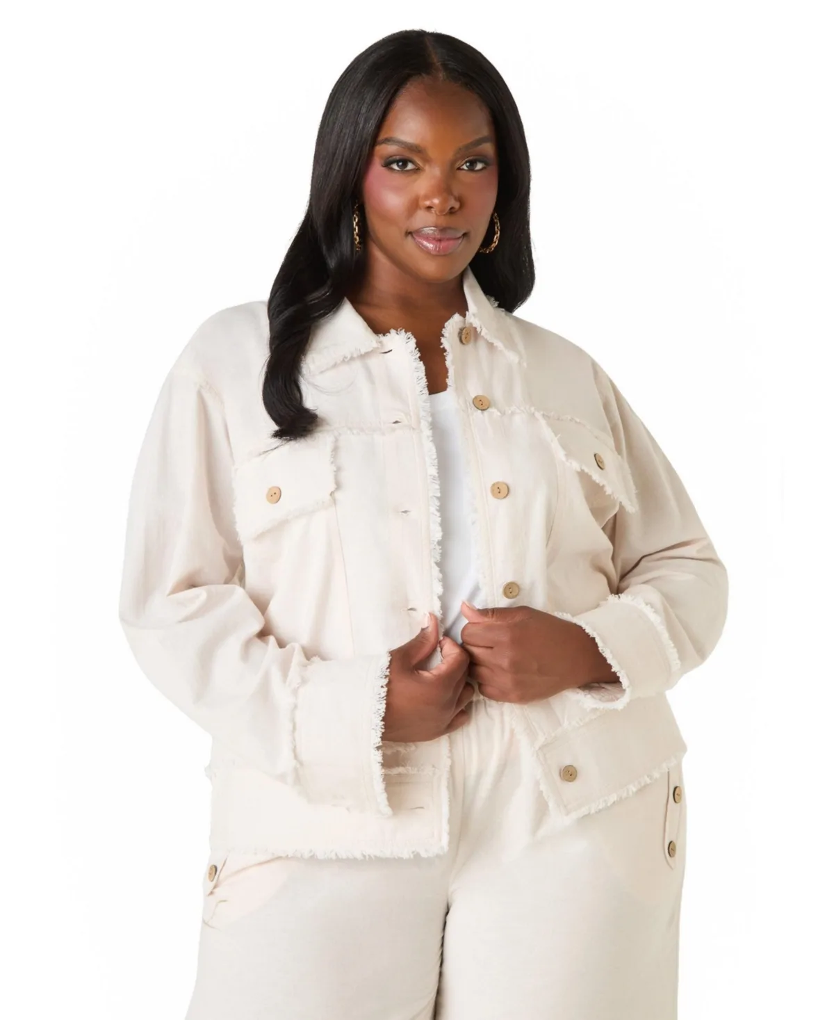 Frayed Linen Blend Trucker Jacket by Ashley Stewart
