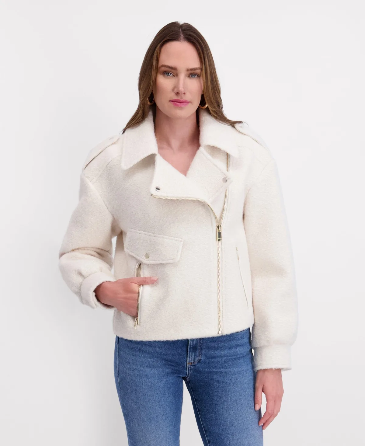 Short Boucle Asymmetrical Motorcycle Jacket by Kensie