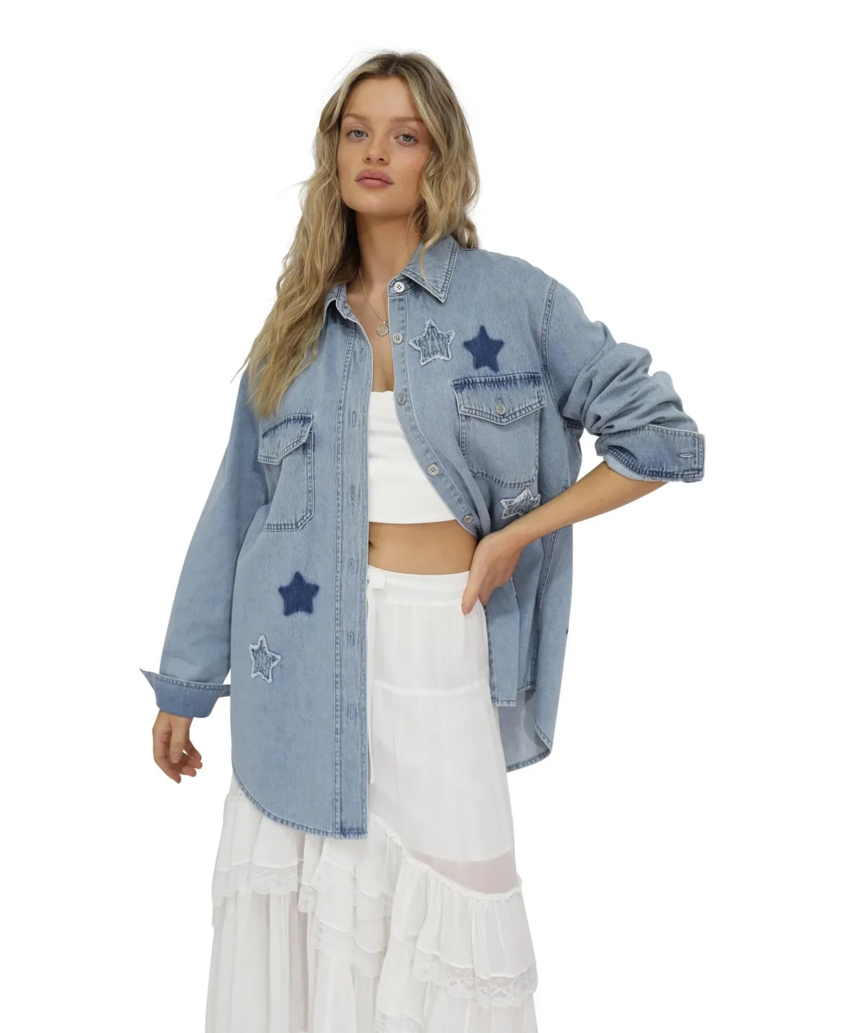 Stargazer Patch Detail Denim Shirt by Belle & Bloom