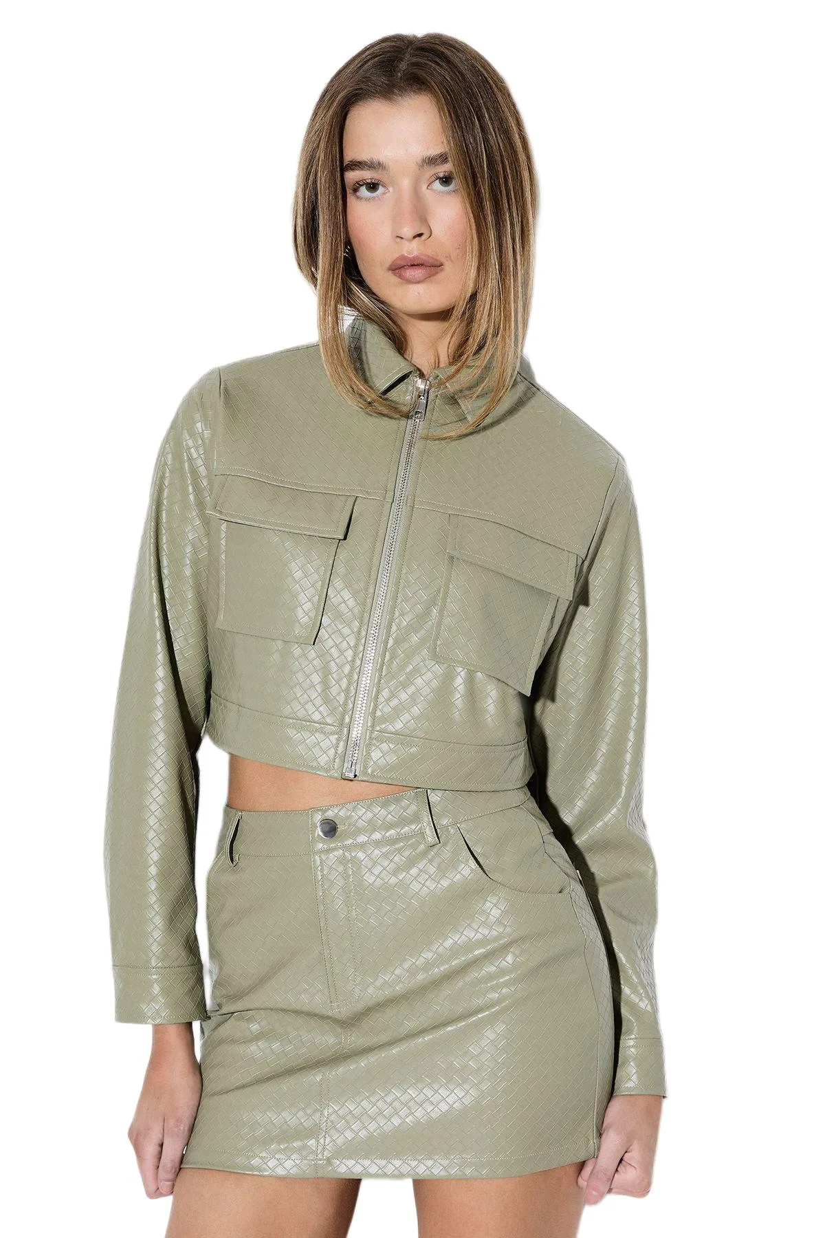 Woven Detail Faux Leather Jacket by Misspap