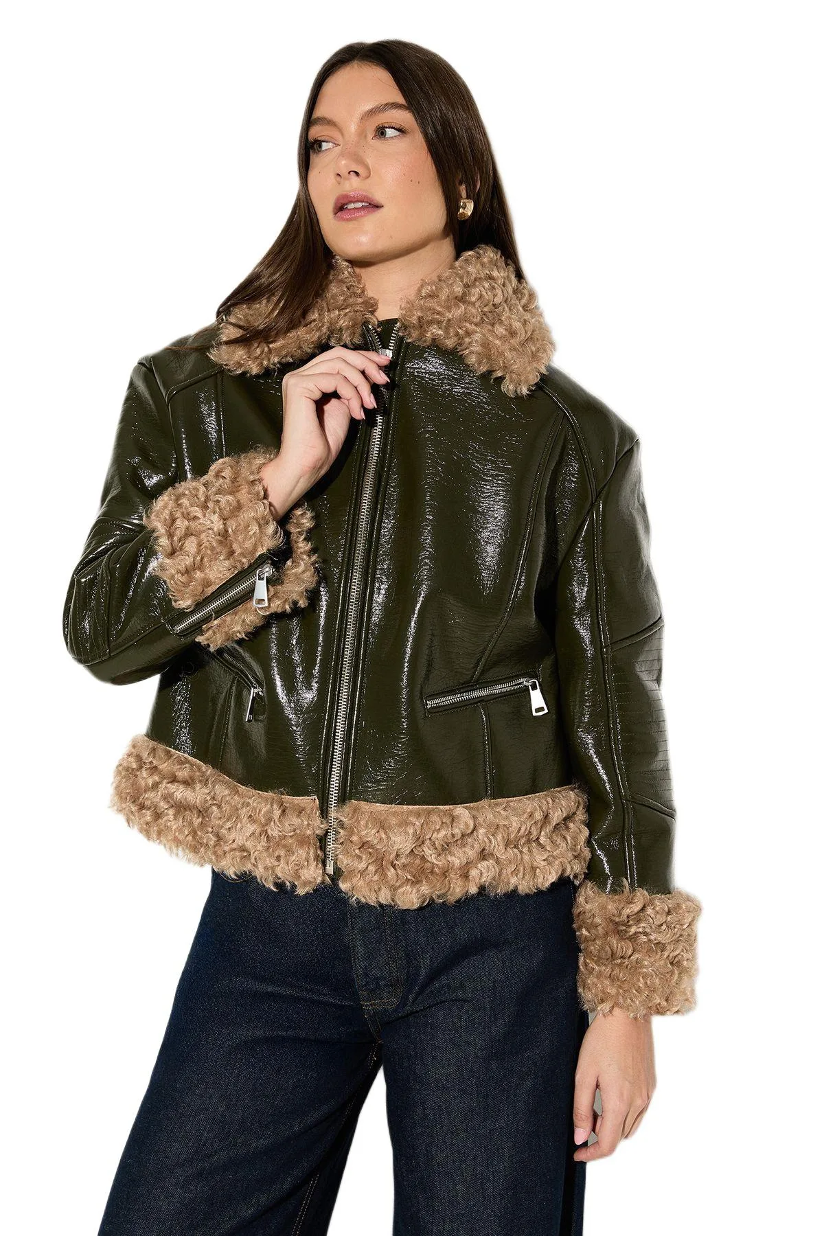 Premium Faux Fur Collar Aviator Jacket by Misspap