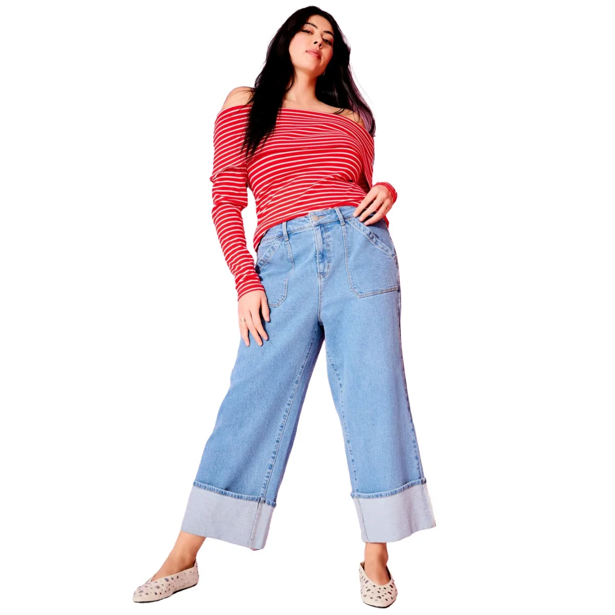 June + Vie Wide-Leg Cropped Cuffed Jeans by June & Vie