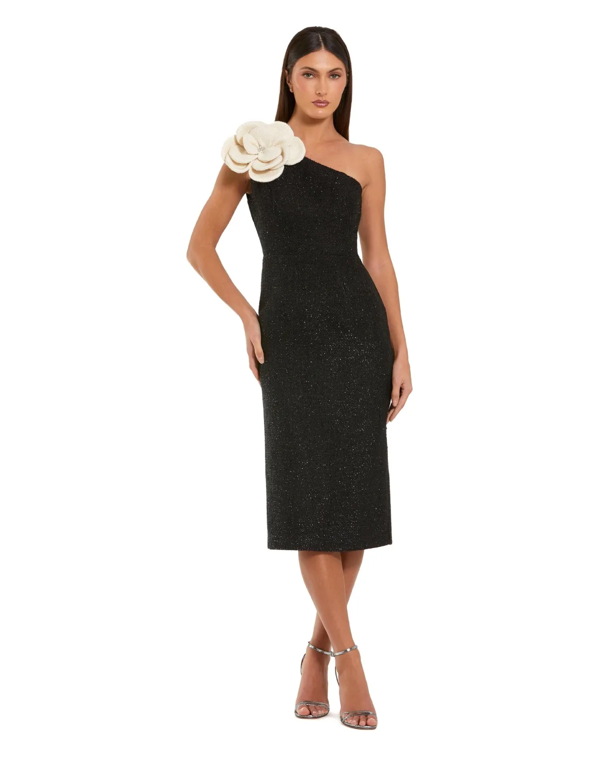 One Shoulder Boucle Midi Dress with 3D Flower by Mac Duggal