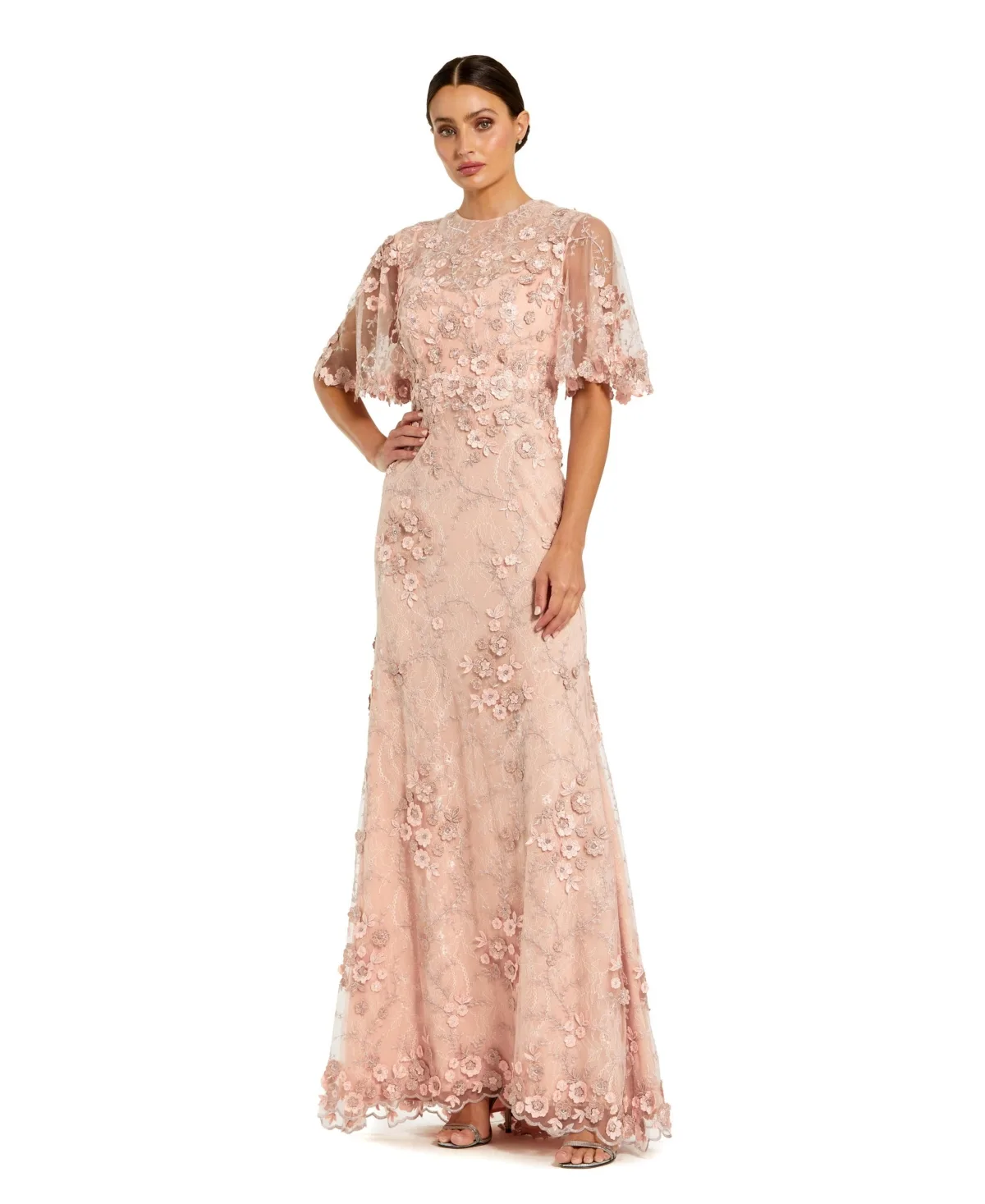 Flutter Sleeve Floral Embroidered Net Gown by Mac Duggal