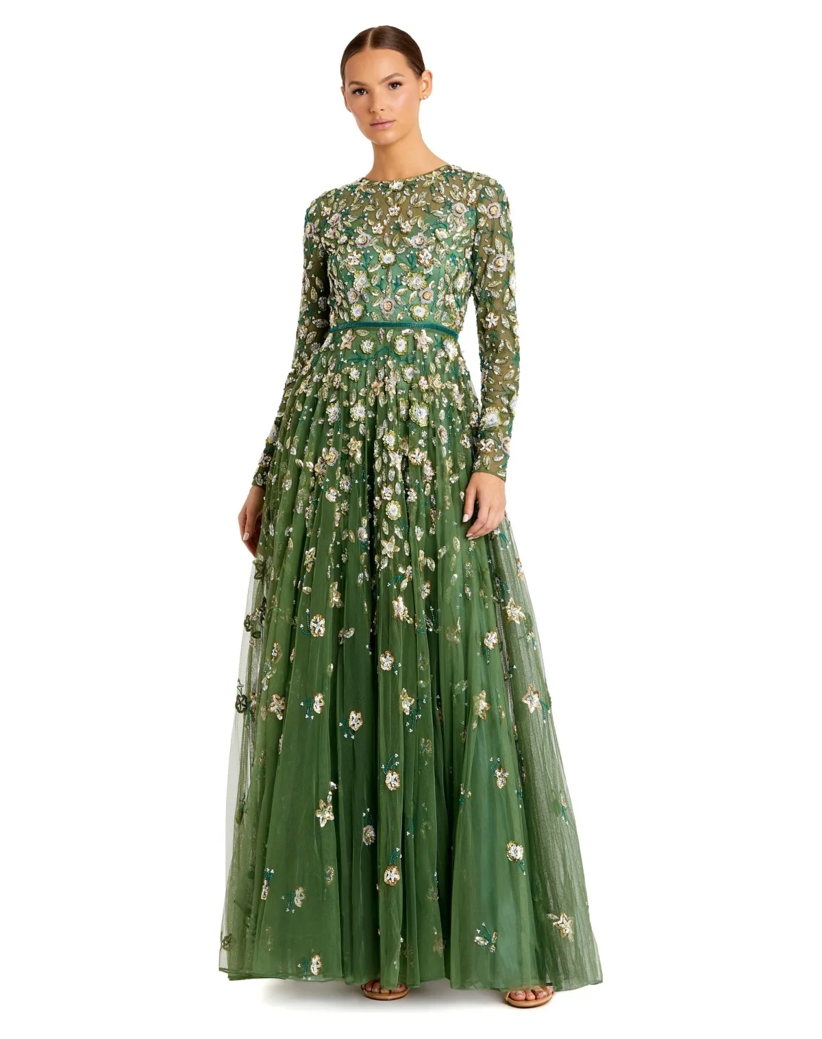 Embellished High Neck Long Sleeve A-Line Gown