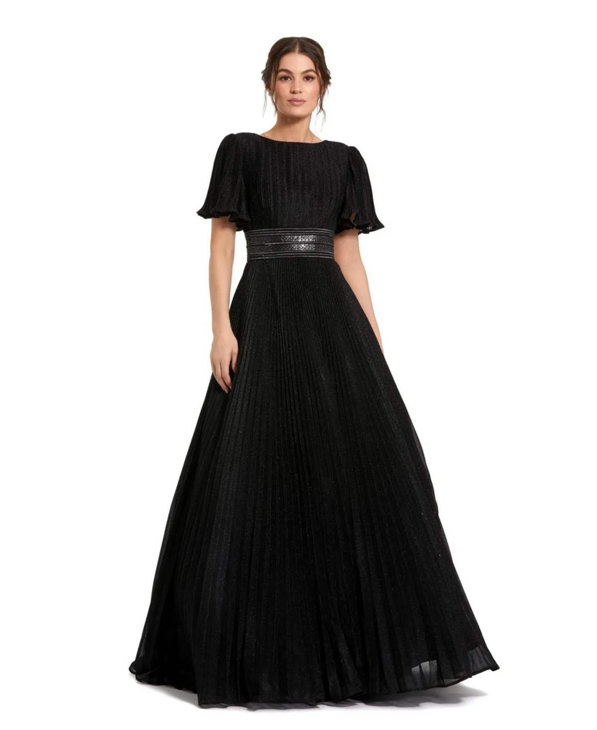 Pleated Shimmering Georgette Flutter Sleeve Gown by Mac Duggal