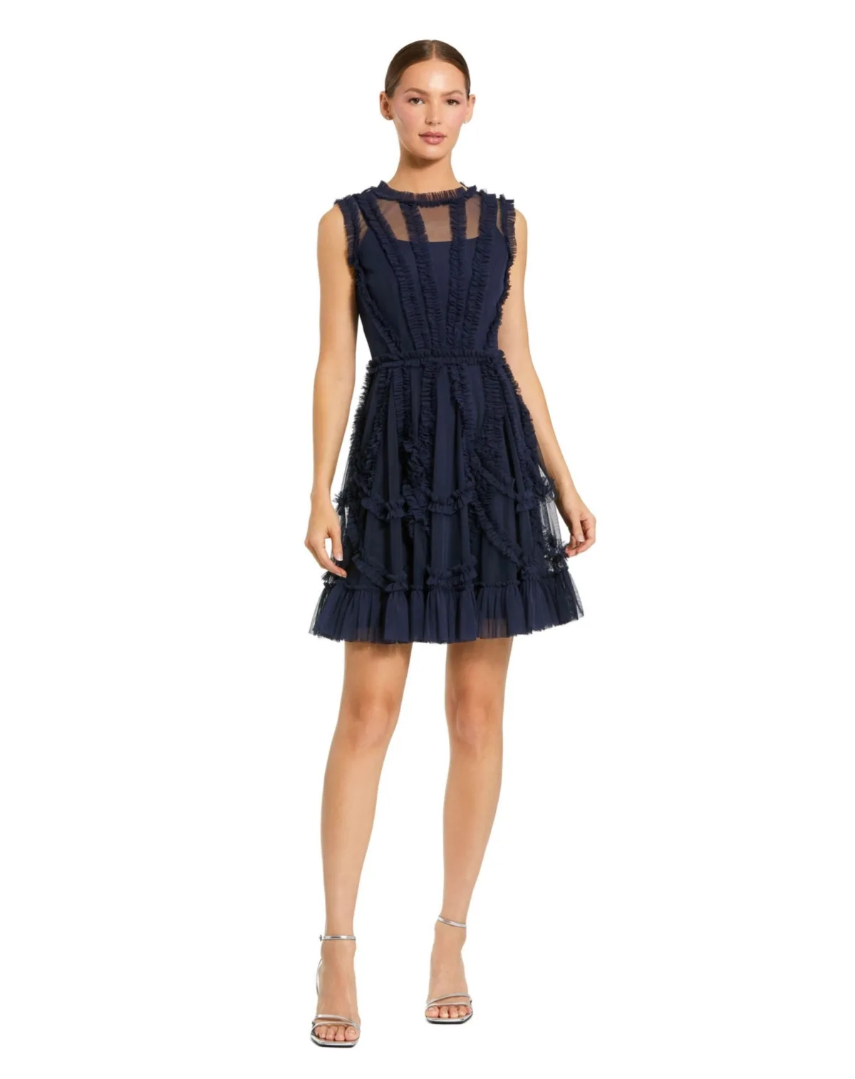 Mesh Micro Ruffle High Neck Mini Dress by Mac Duggal
