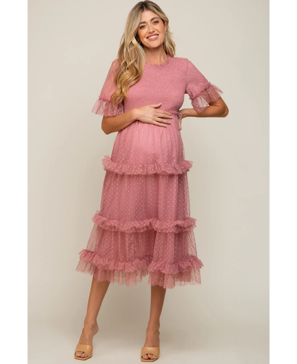 Polka Dot Tulle Smocked Maternity Midi Dress by Pinkblush
