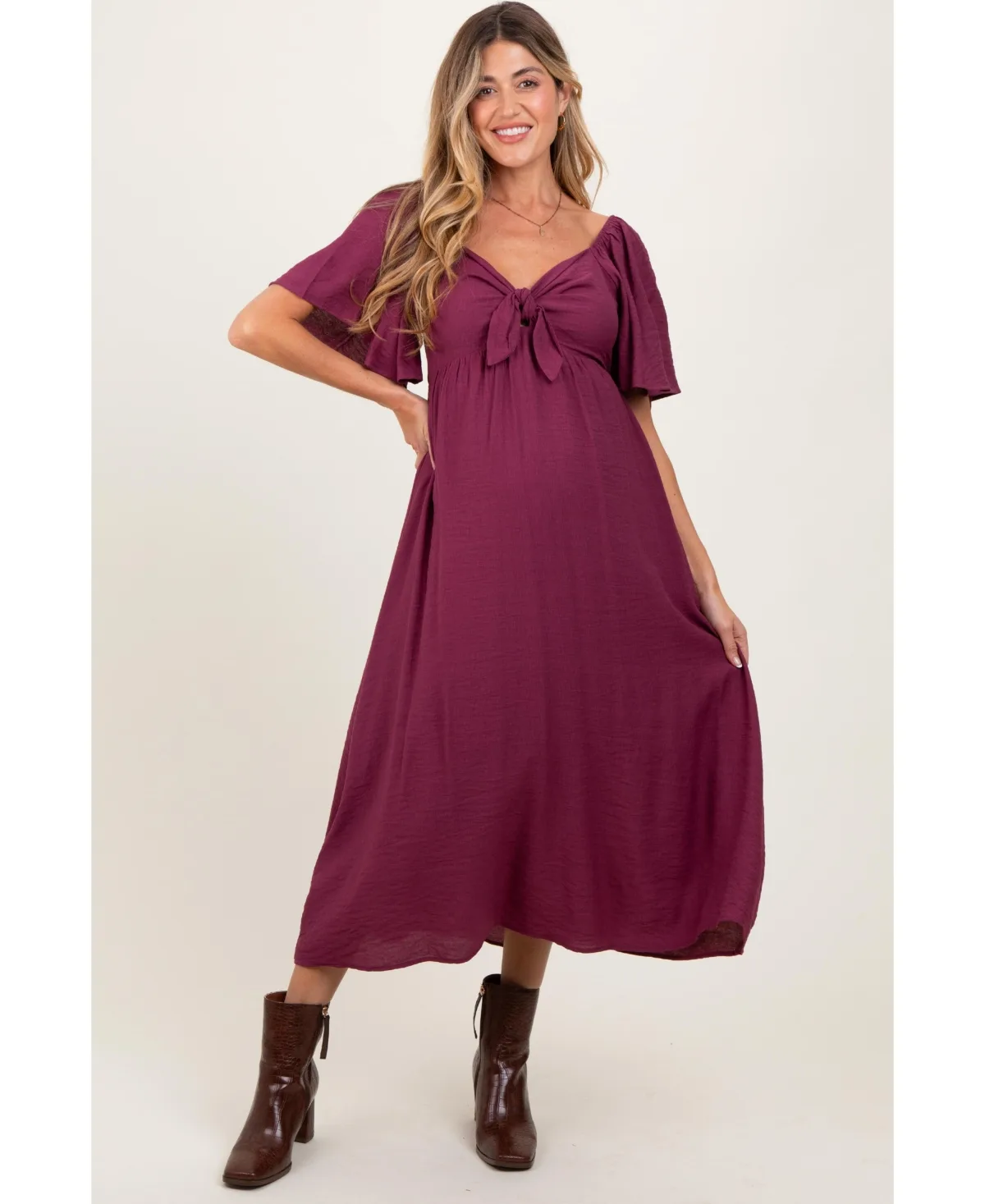 Front Tie Ruffle Sleeve Maternity Midi Dress by Pinkblush