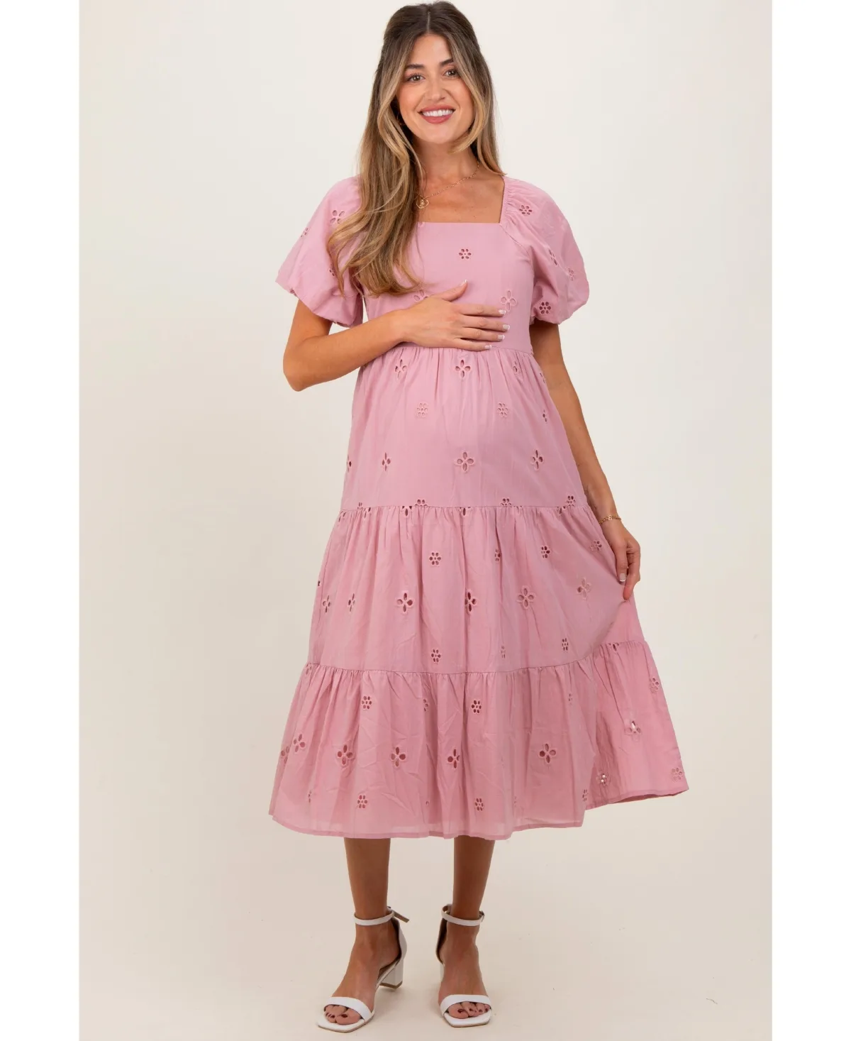Eyelet Square Neck Midi Dress by Pinkblush