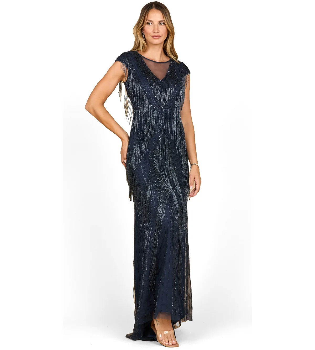 Beaded Fringe V-Neckline Dress with Cap Sleeves by Lara