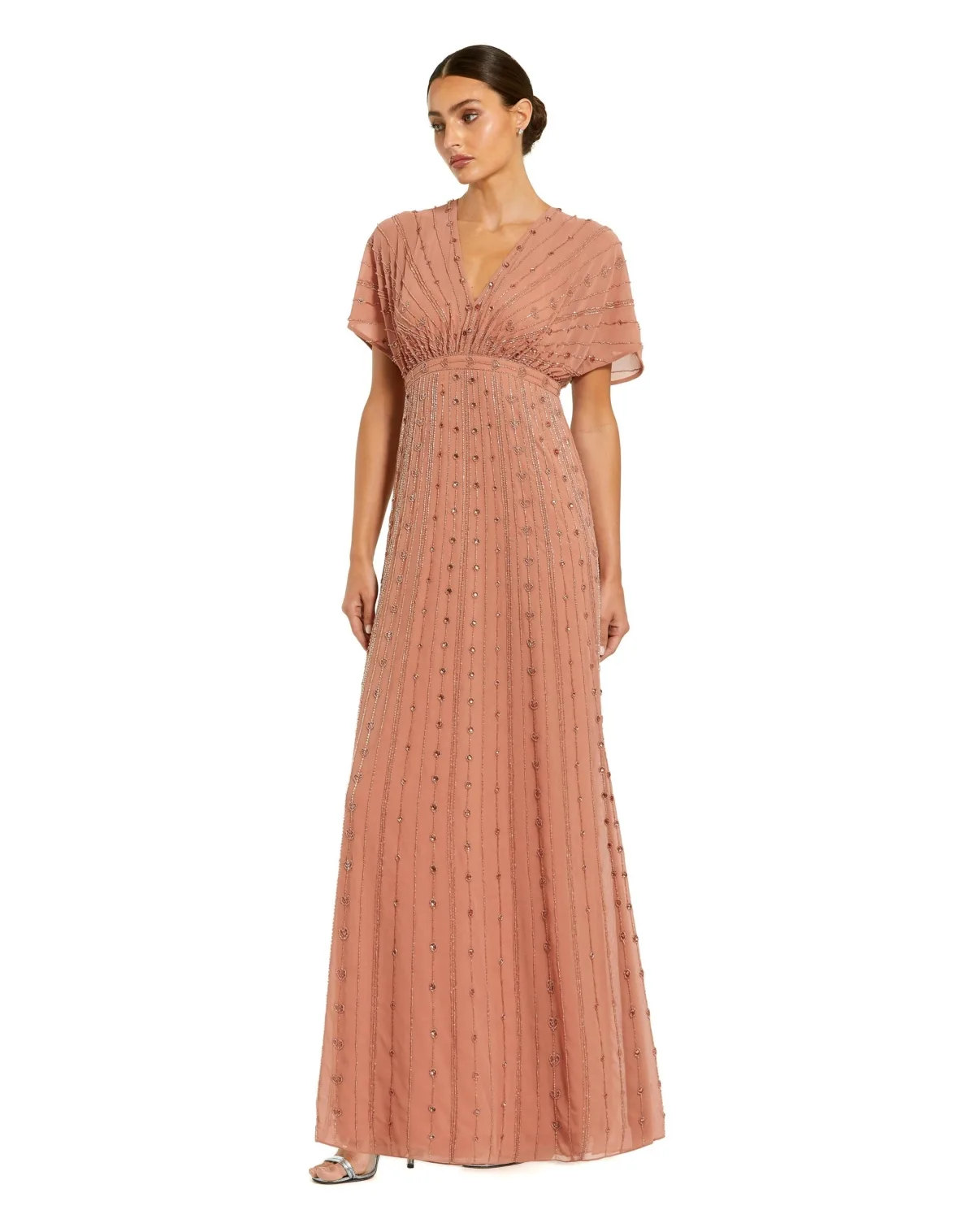 Beaded Short Sleeve V-Neck Empire Waist Gown by Mac Duggal