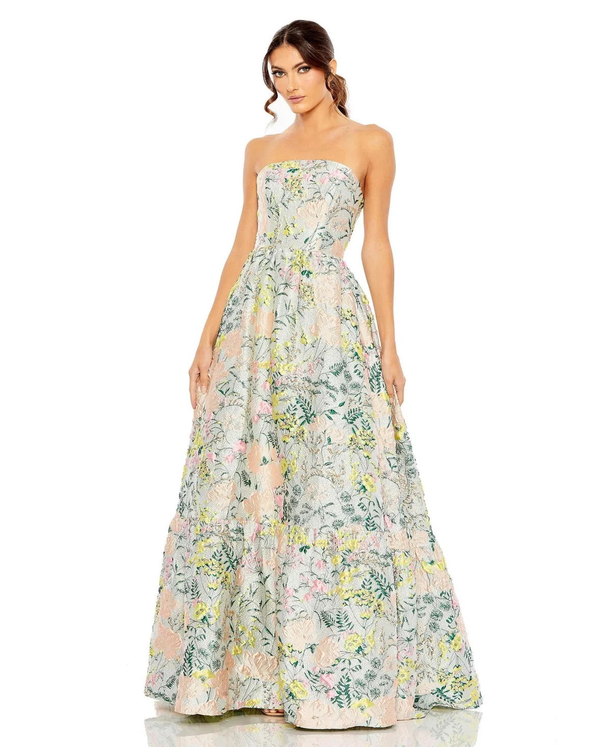Floral Brocade Strapless a Line Gown by Mac Duggal