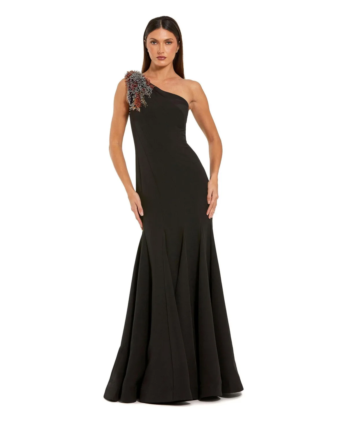 Crepe One Shoulder Mermaid Gown with Beading