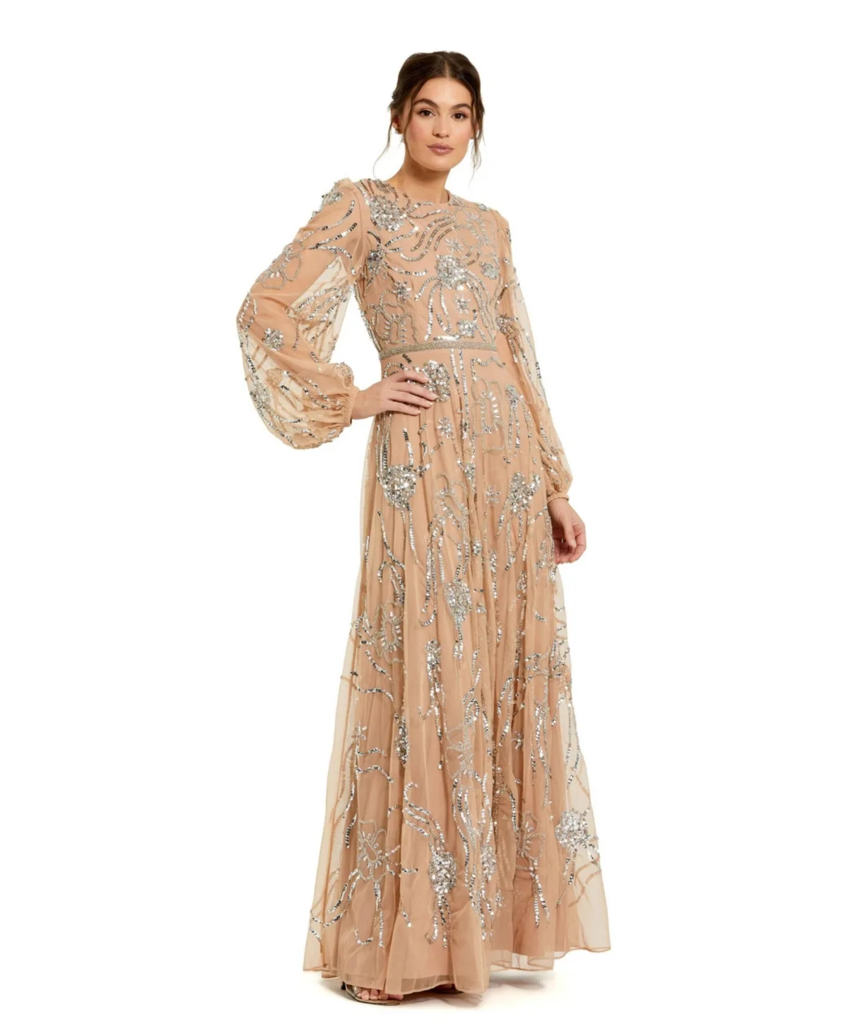 Embellished High Neck Puff Sleeve Gown by Mac Duggal