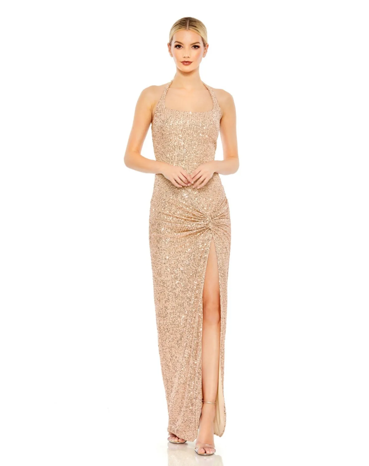 Sequined Halter Strap Low Side Knot Gown by Mac Duggal