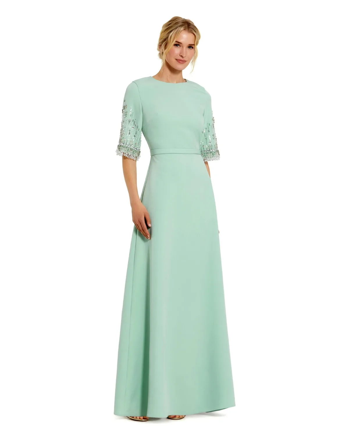 Beaded 3/4 Sleeves Crepe a Line Gown by Mac Duggal