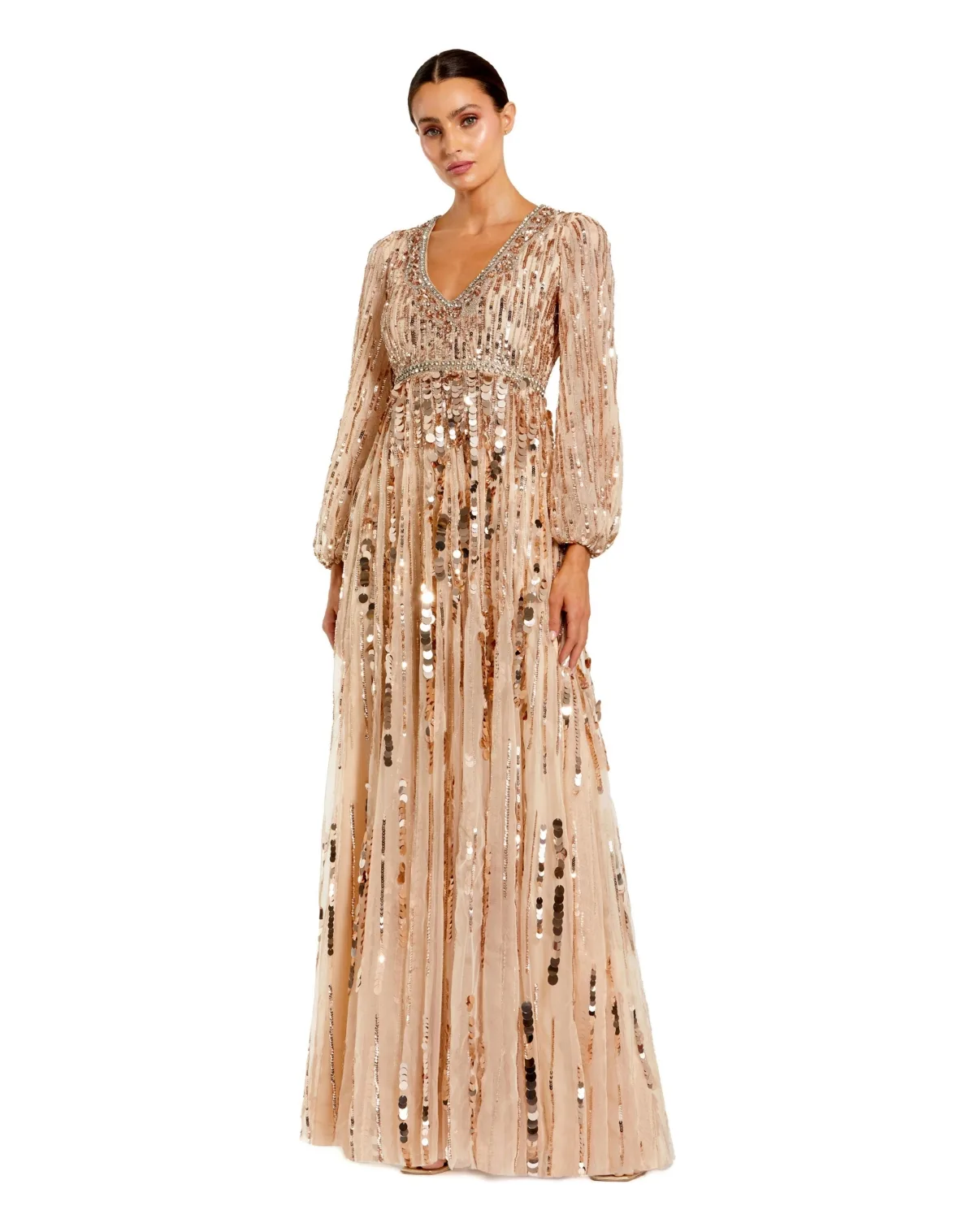Embellished Mesh Long Sleeve V Neck Gown by Mac Duggal