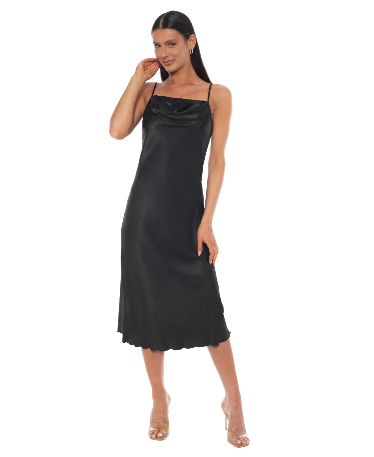 Satin Slip Midi Dress with Lace Insert