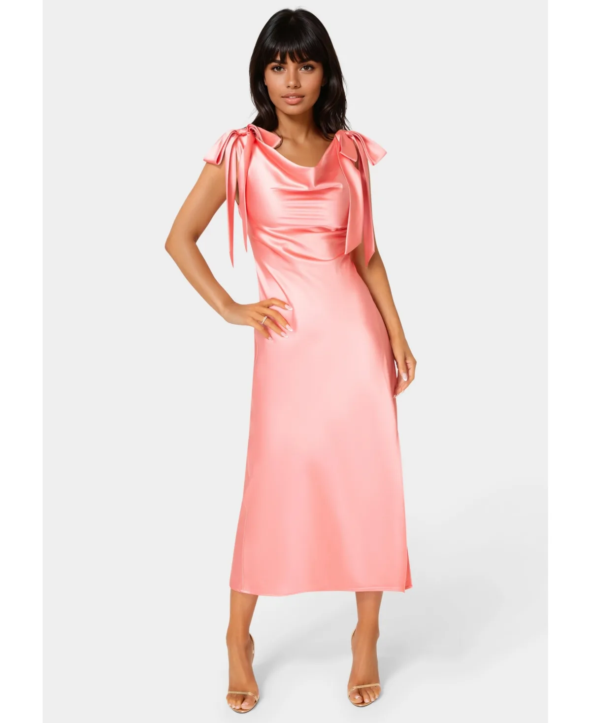 Bow Strap Satin Midi Dress by Bebe