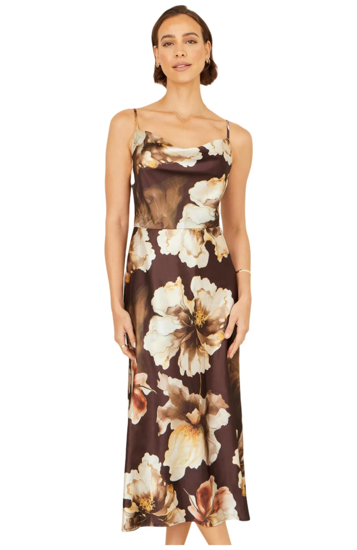 Cowl Neck Satin Floral Dress by Yumi