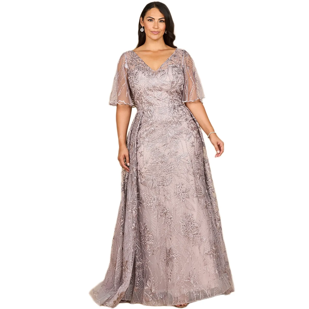 Overskirt Lace Fitted V-Neck Gown with Cape Sleeves