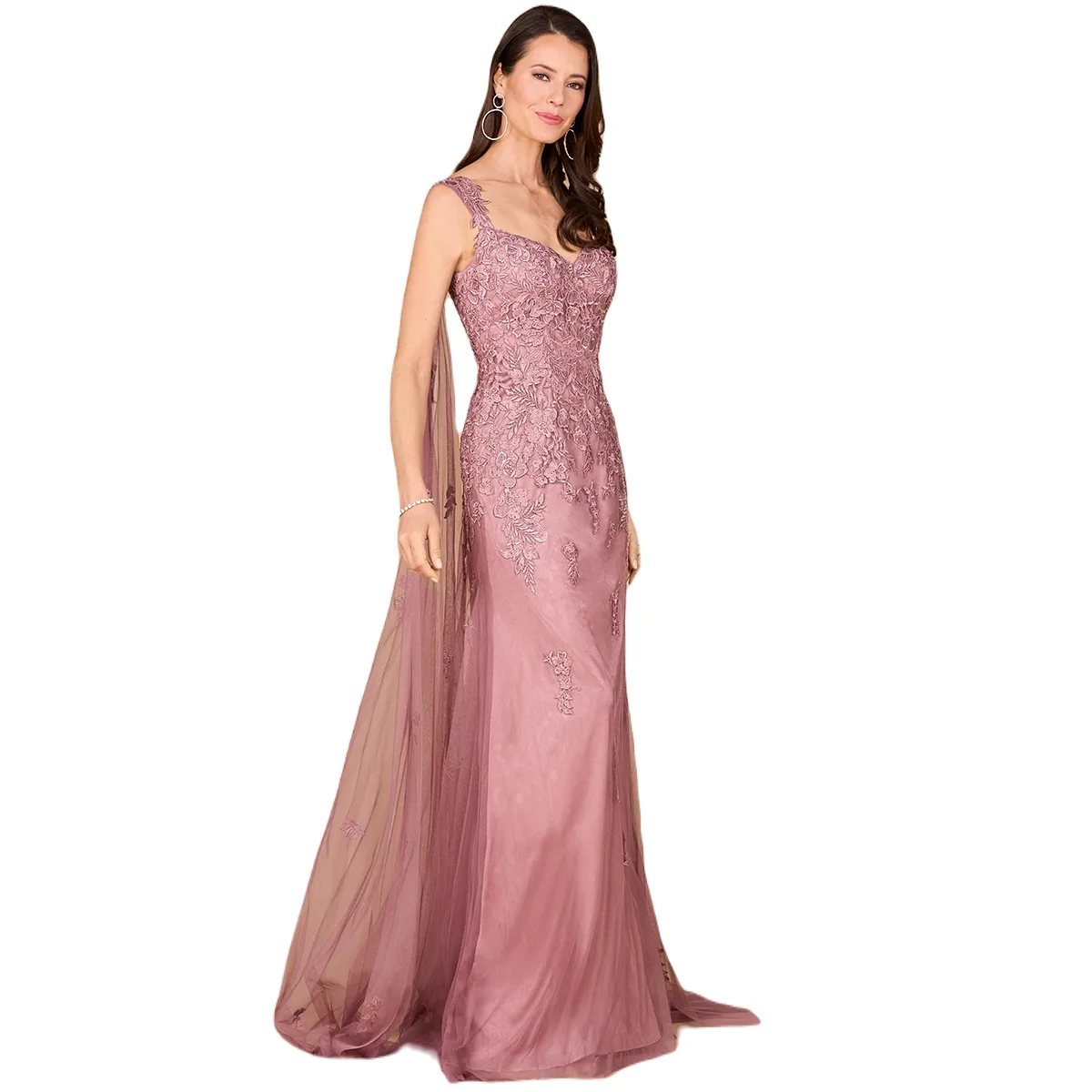 Embroidered Lace Gown with Flowing Capes