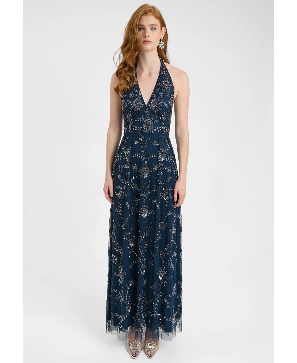Embellished Sequin Beaded Maxi Dress with Halter Neck with Deep V-Cut
