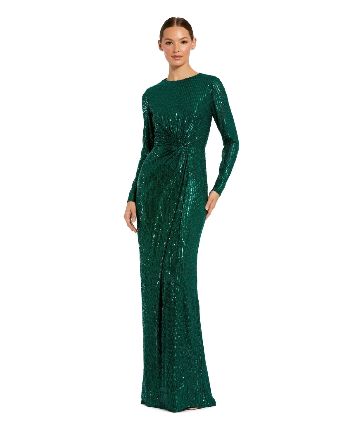 Sequined Long Sleeve Side Knot Gown by Mac Duggal