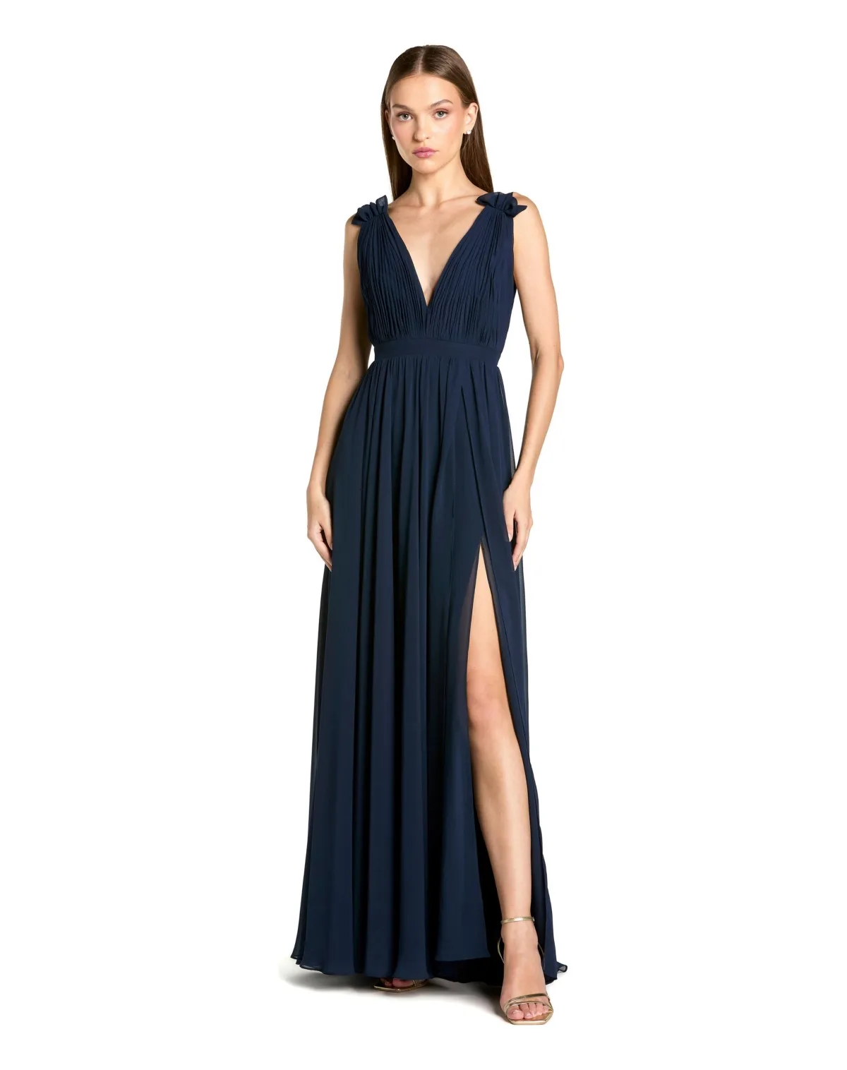 Sleeveless Pleated Chiffon V-Neck Gown