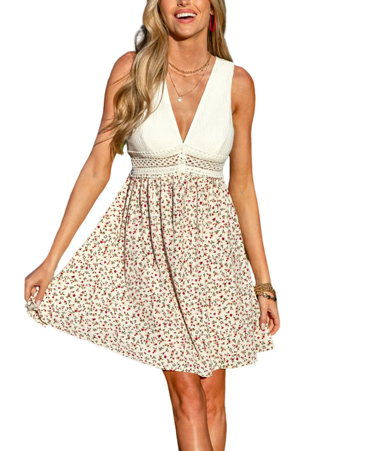Plunging V-Neck Sleeveless Woven Mini Dress with Lace Detail by Cupshe
