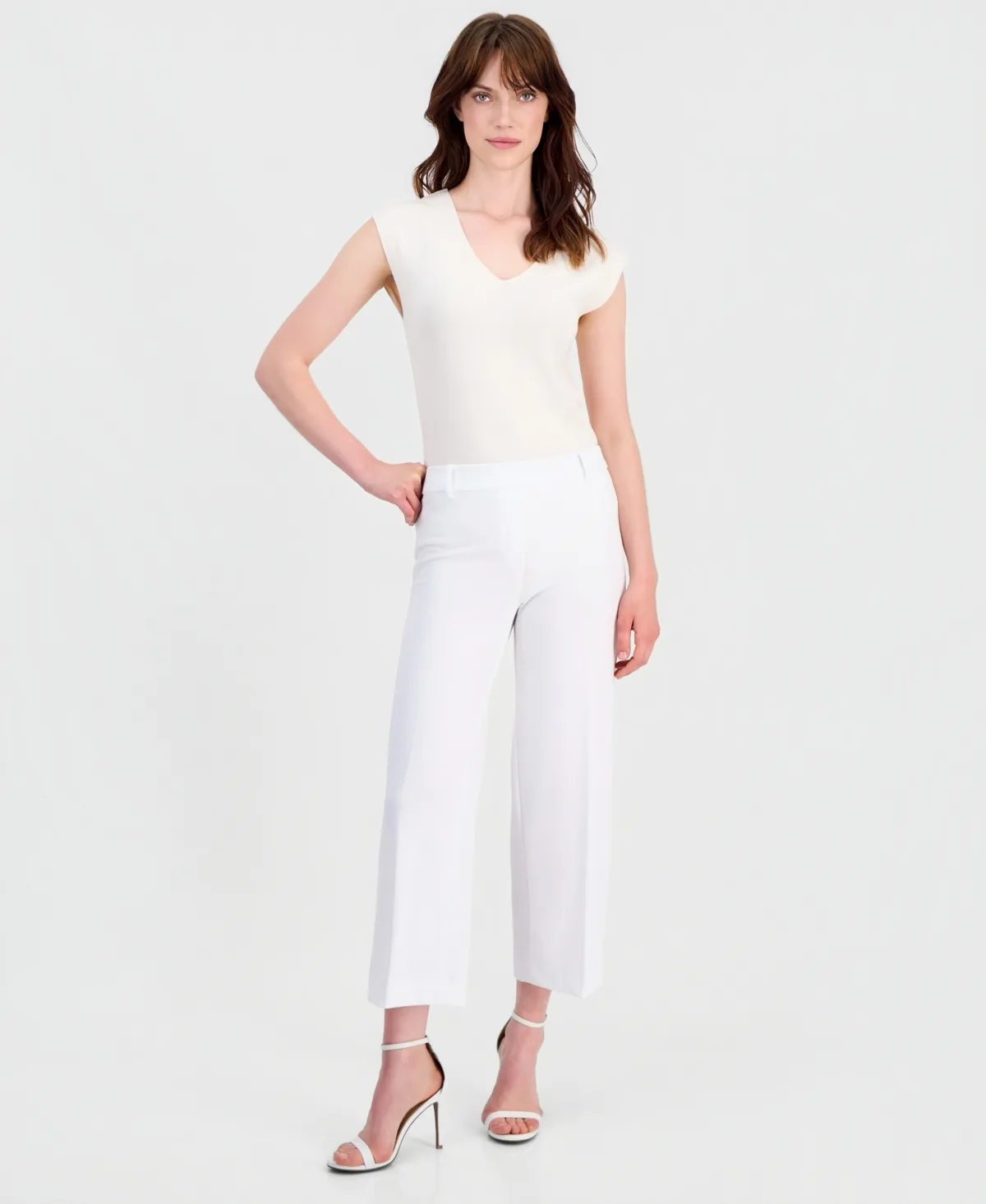 Stretch Crepe Wide-Leg Cropped Pull-On Pants by Anne Klein