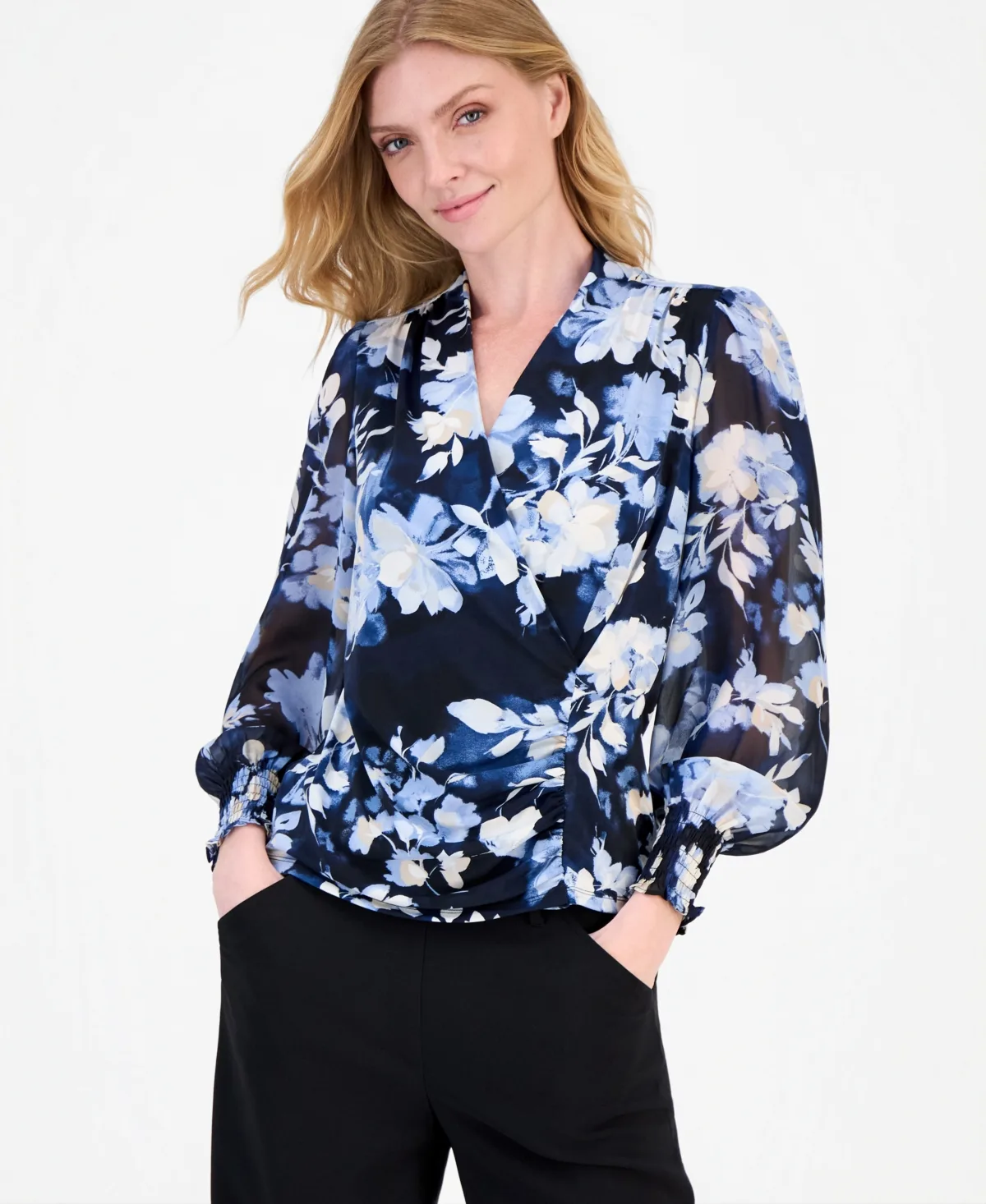 Faux-Wrap Smocked-Cuff Top by Anne Klein