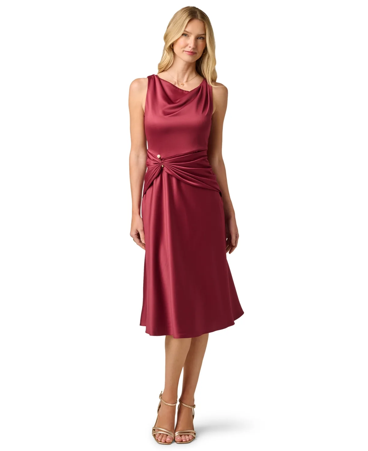 Satin Cowl Neck Draped Midi Dress by Adrianna Papell