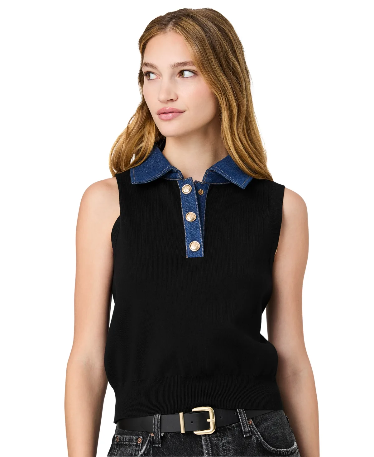 Maxine Knit Denim Collar Sleeveless Sweater by French Connection